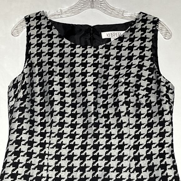 Kasper Sheath Dress Womens 8 Black Grey Houndstooth Midi Stretch Office - Picture 3 of 13